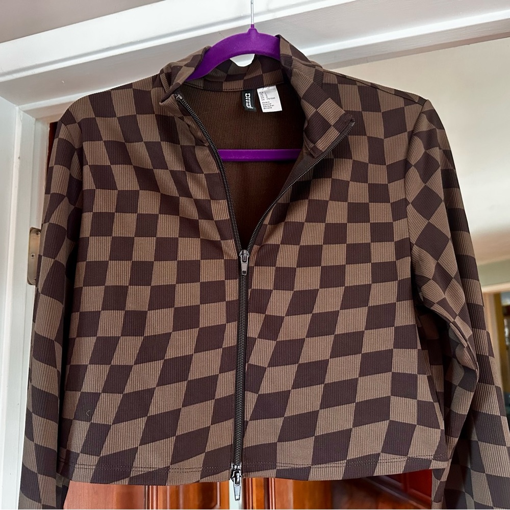 Divided brand - Fun & Stylish Checkerboard Zip-Up Cropped Jacket long sleeve